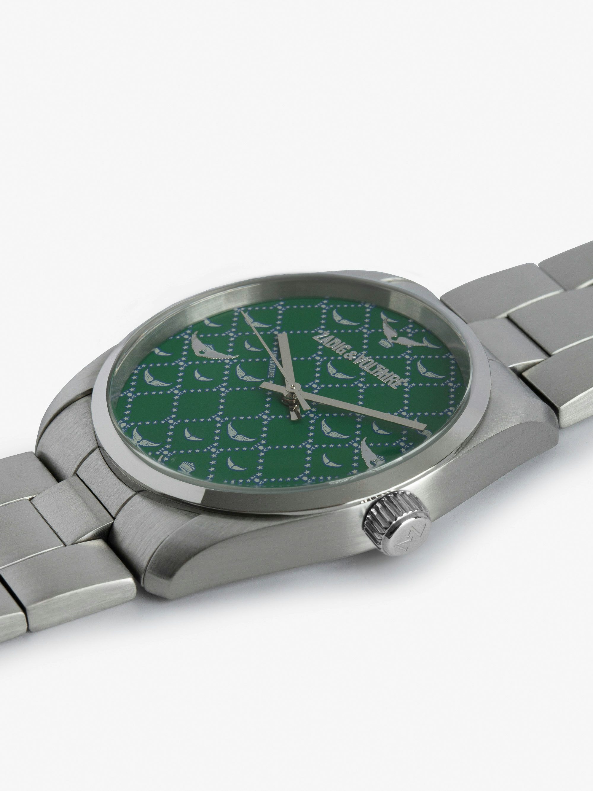 Zadig Monogram Watch - Gray stainless steel watch with green monogram pattern dial.